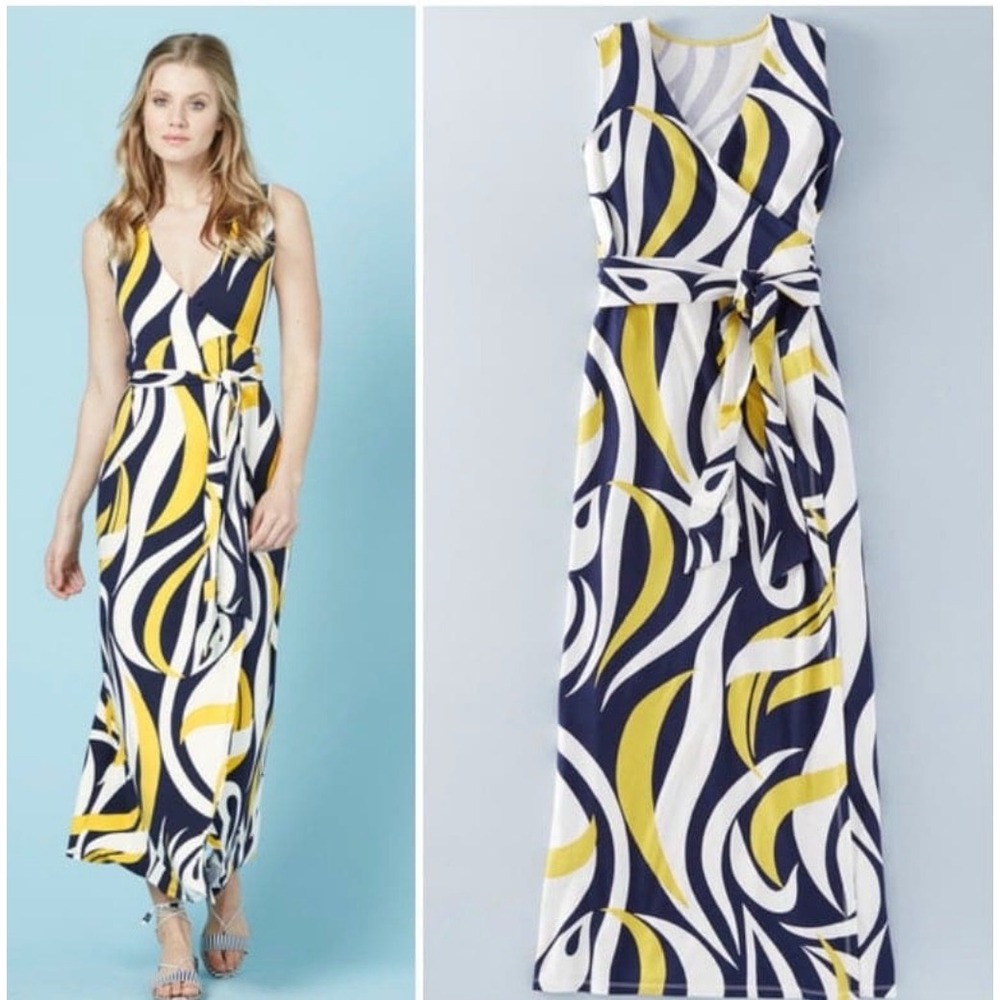Boden Womens Navy Yellow White‎  Mimosa Large Swirl Wrap Maxi Dress US 6 Long